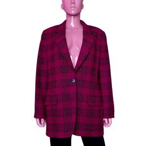 Vintage 90s M/L Wool Blazer Tweed Magenta Pink Navy Blue Plaid Suit Jacket Party